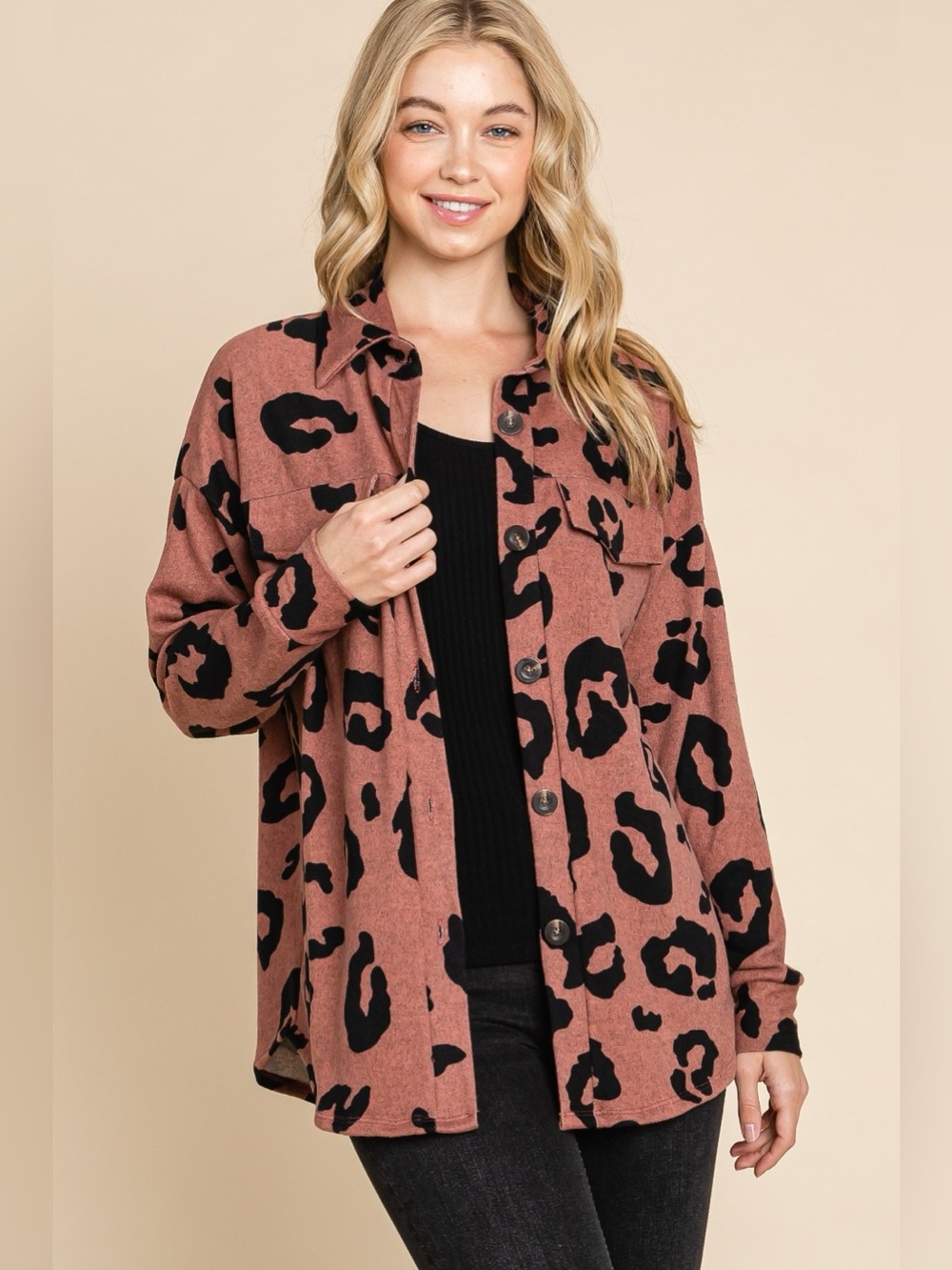 BOMBOM Animal Print Button Up Knit Shacket
